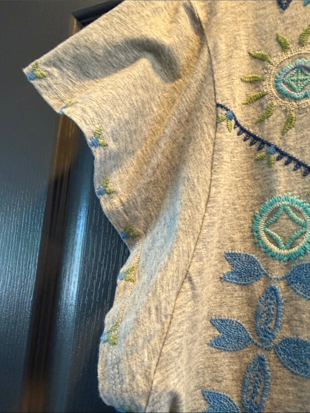 Johnny Was Grey Tee with Blue and Green Floral Embroidery - Picture 6 of 6